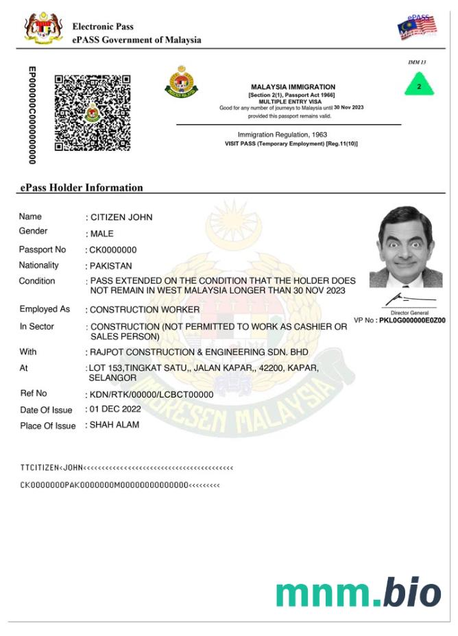 Przykład wizy wjazdowej do Malezji e-pass w PSD